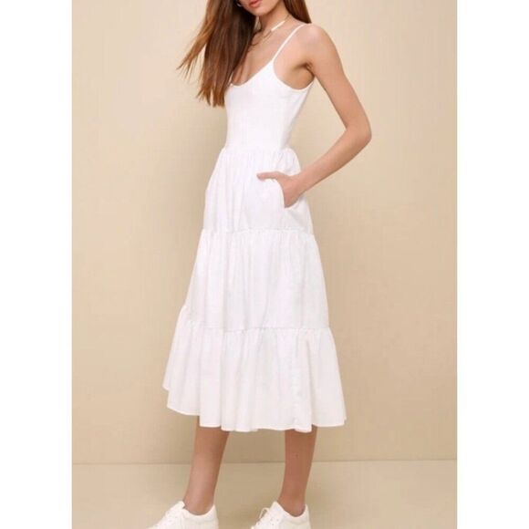 Lulus Dresses & Skirts - NWT Lovable Cutie White Sleeveless Tiered Midi Dress With Pockets SZ Large